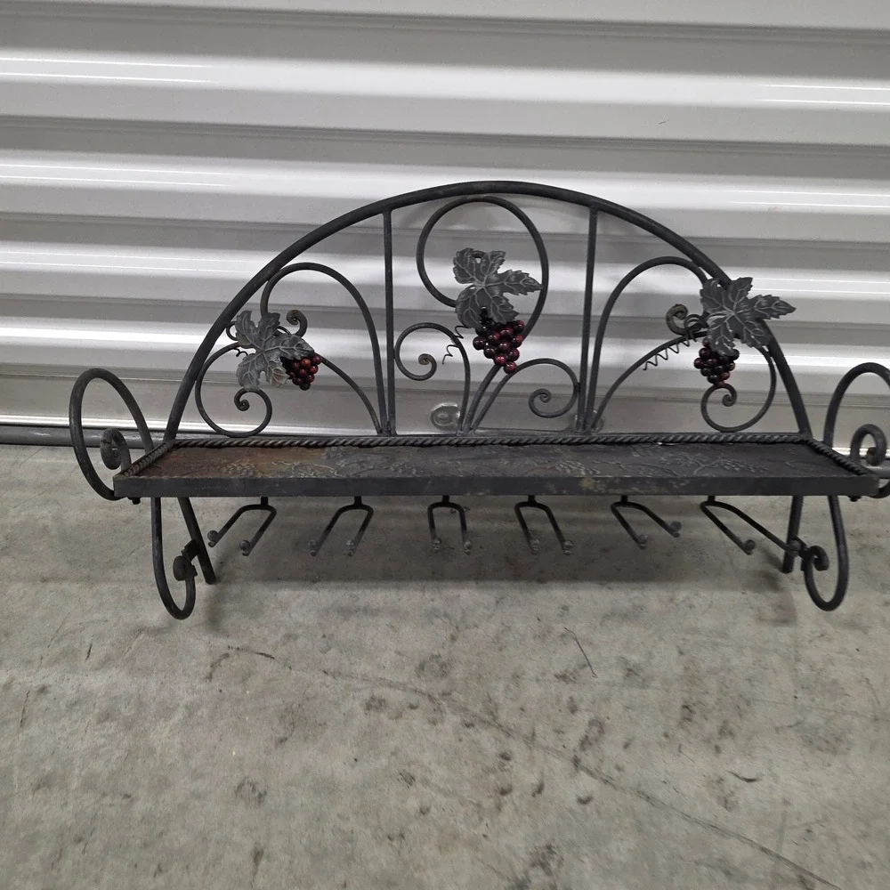 Wrought Iron Wall Mounted Wine Rack Stemware Glass Holder Grape Leaf Rustic Deco